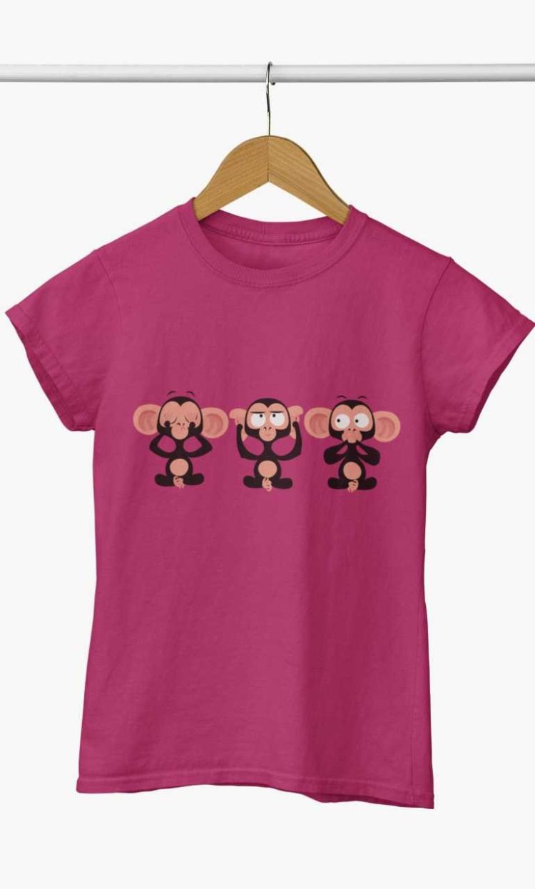 dark pink tshirt with Three Wise Monkeys