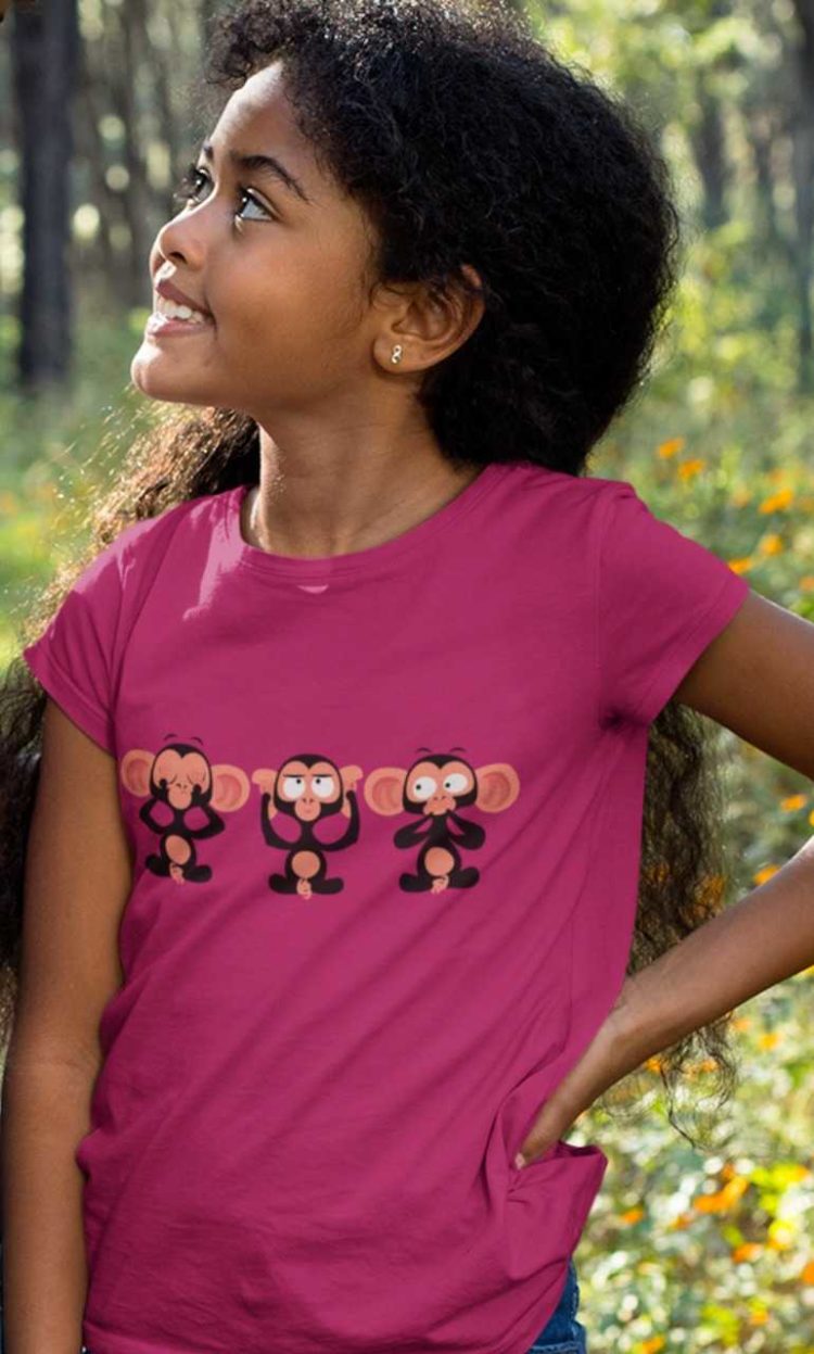 pretty girl in a dark pink tshirt with Three Wise Monkeys