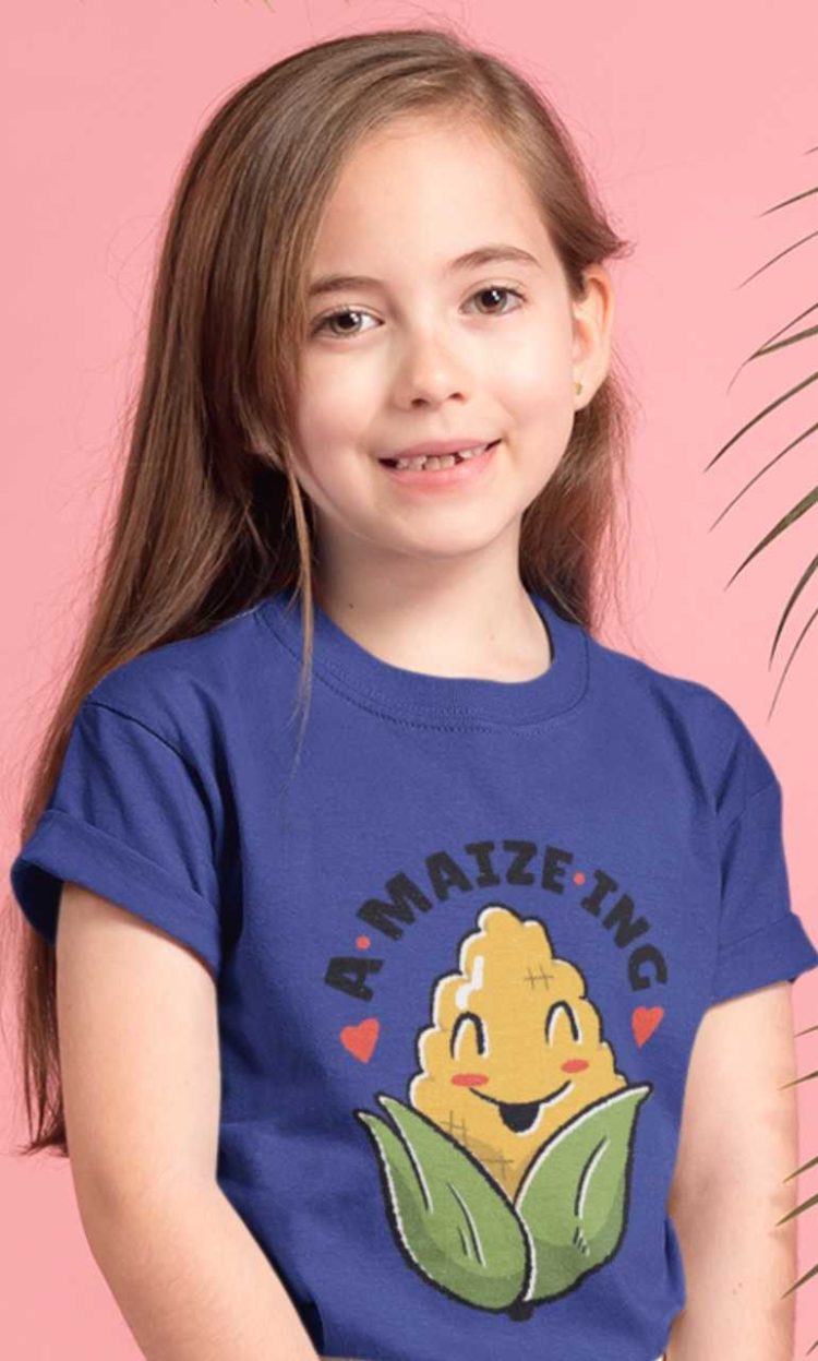 young girl in a deep blue A-MAIZE-ING Tshirt