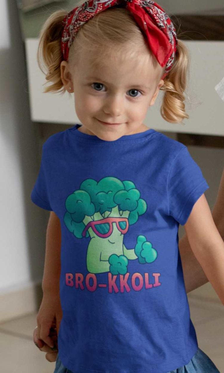 cute girl in a deep blue Bro-koli tshirt