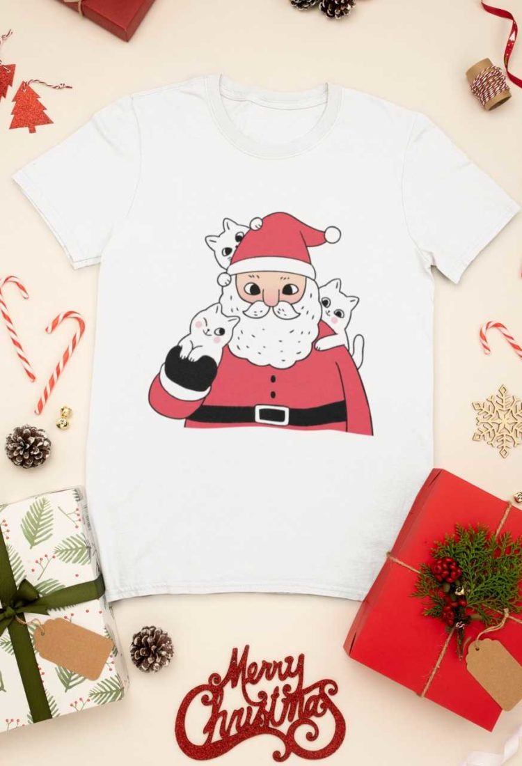 white tshirt with Santa and three cats