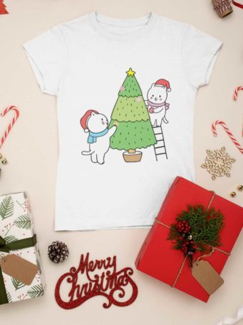 white tshirt with cats decorating a christmas tree