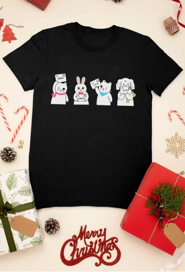 black tshirt with animals holding letter to santa