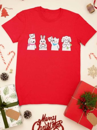 red tshirt with animals holding letter to santa