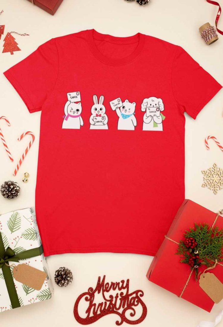 red tshirt with animals holding letter to santa