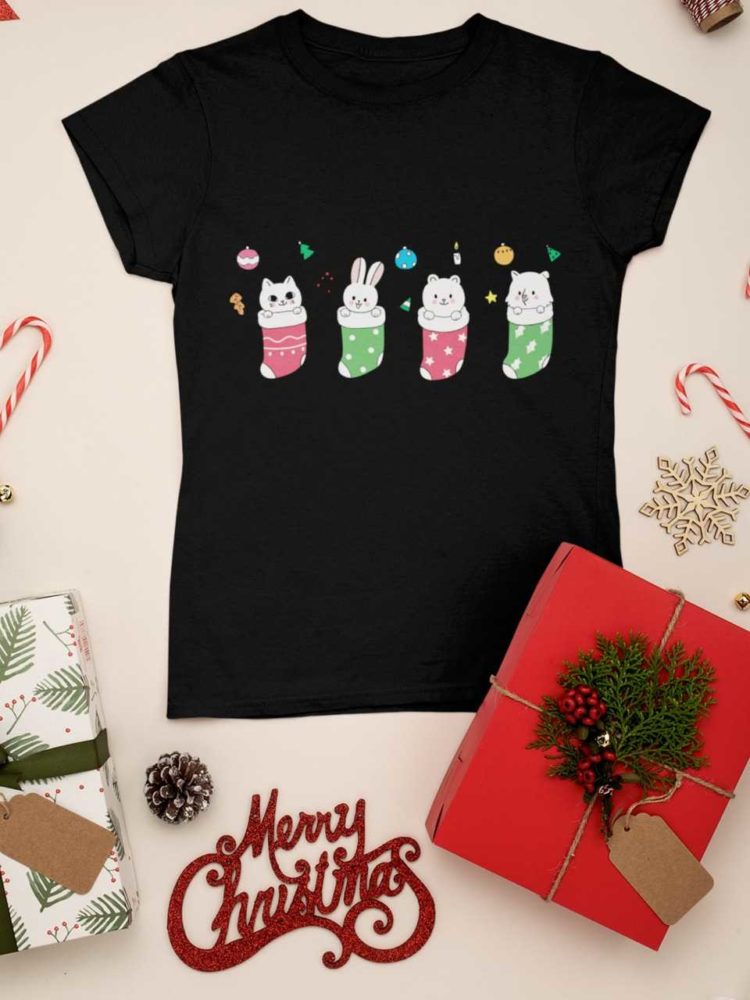 black tshirt with animals in christmas stockings
