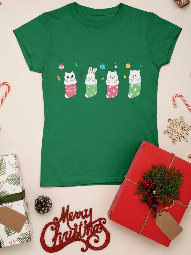green tshirt with animals in christmas stockings