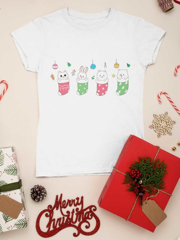 white tshirt with animals in christmas stockings