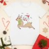 White tshirt with a Cat riding a Reindeer