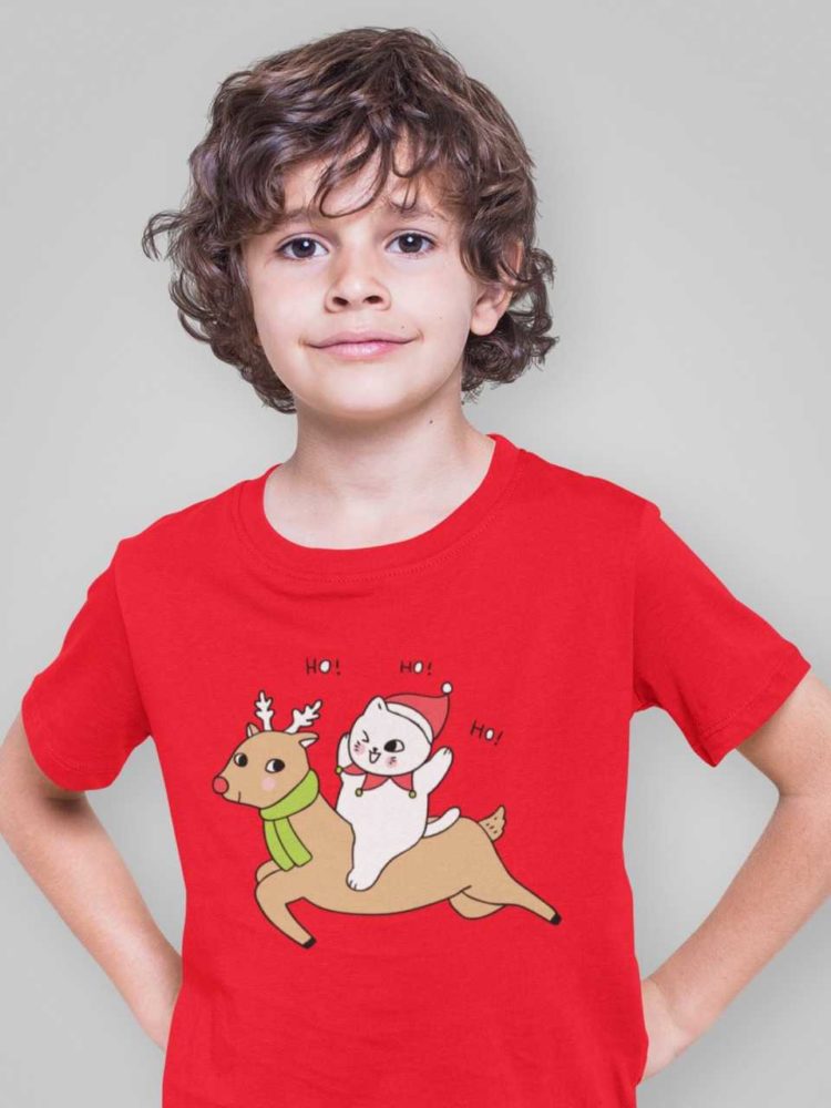 cool boy in a red tshirt with a Cat riding a Reindeer