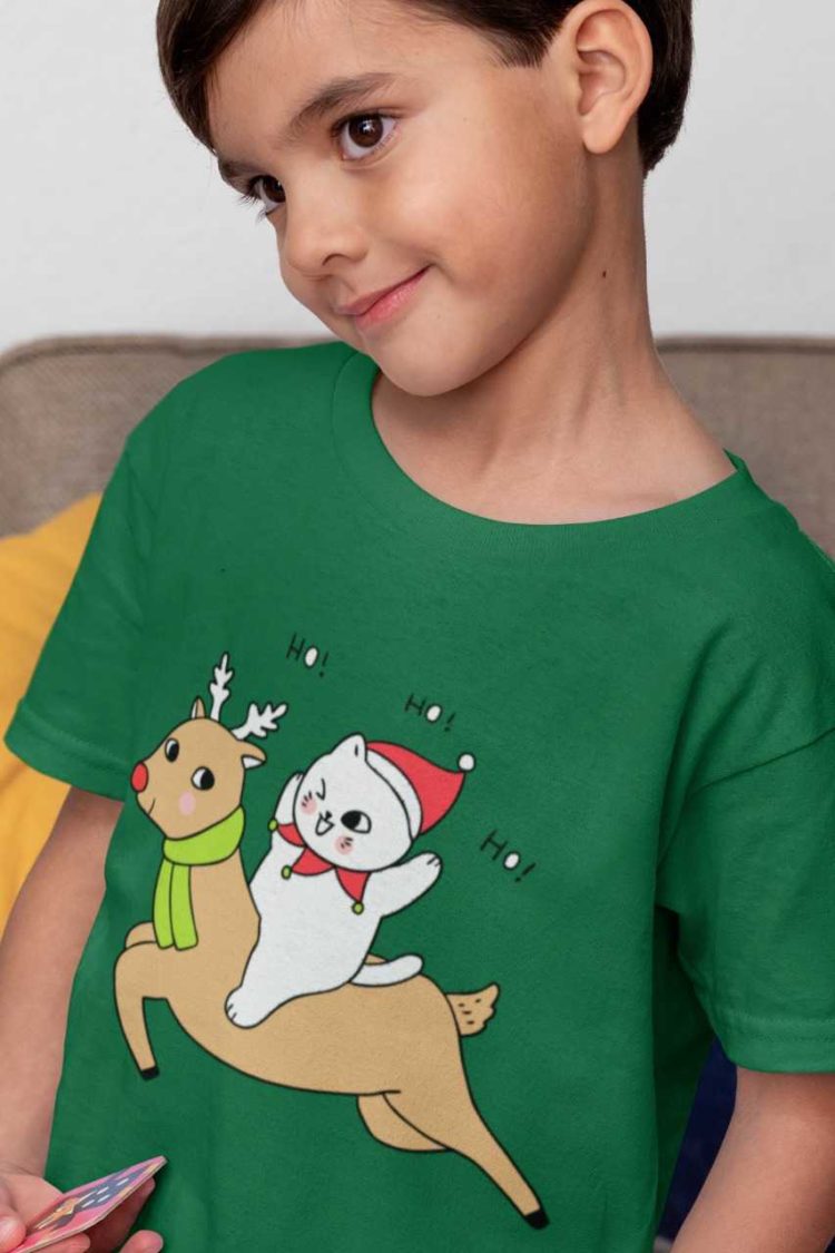 cute boy in a green tshirt with a Cat riding a Reindeer