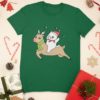green tshirt with a Cat riding a Reindeer