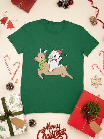 green tshirt with a Cat riding a Reindeer