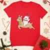red tshirt with a Cat riding a Reindeer