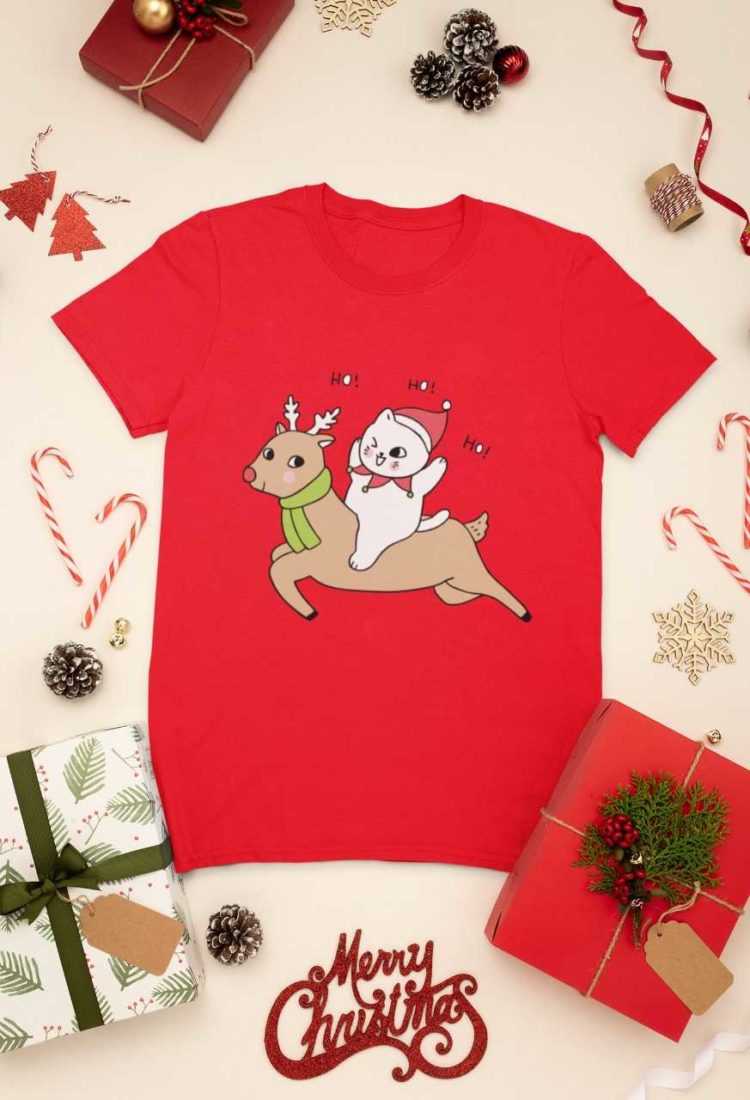 red tshirt with a Cat riding a Reindeer