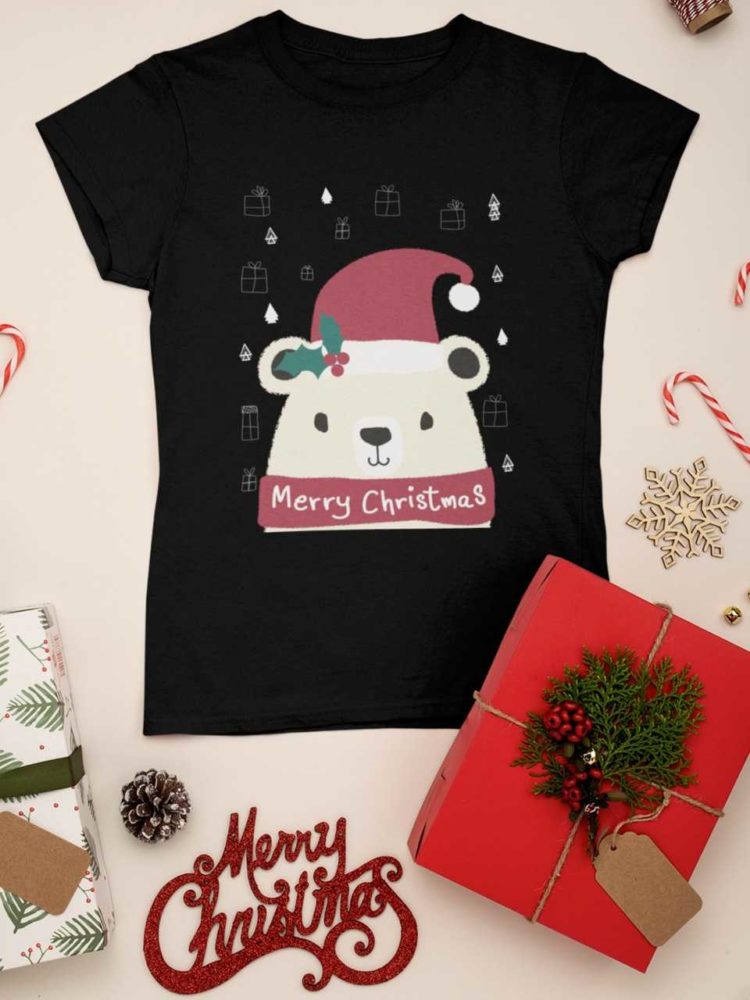 black tshirt with a Bear in a santa hat