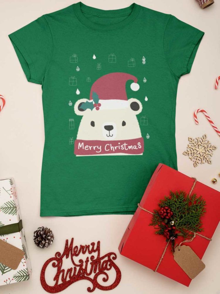 green tshirt with a Bear in a santa hat