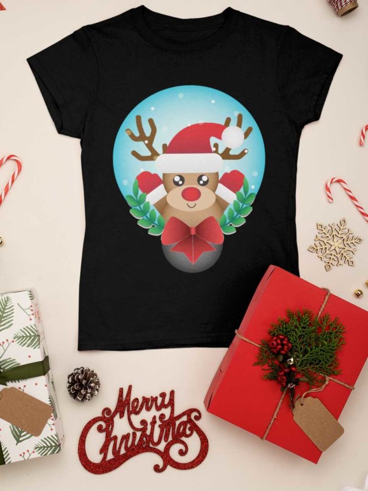 black tshirt with a Reindeer wearing a santa hat
