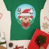 green tshirt with a Reindeer wearing a santa hat