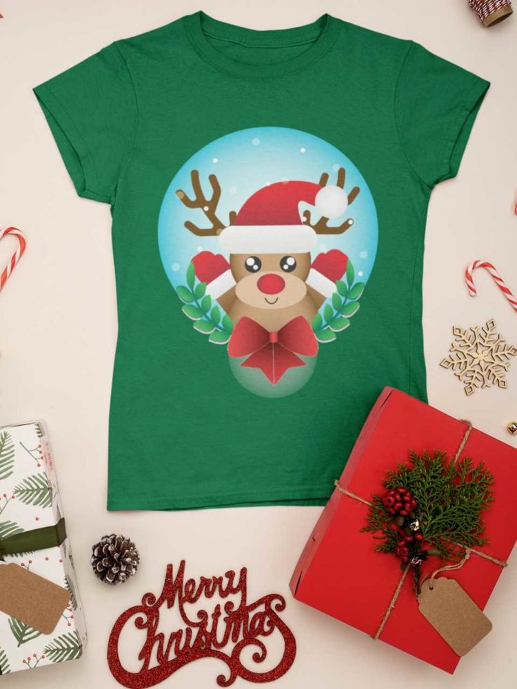 green tshirt with a Reindeer wearing a santa hat
