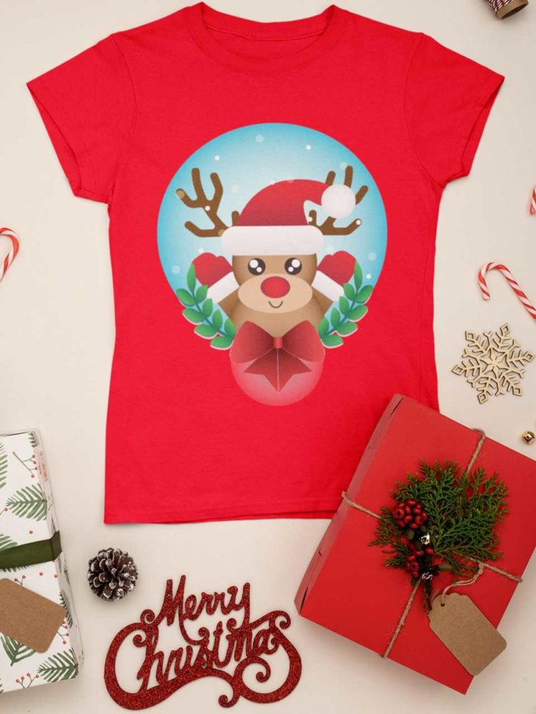 red tshirt with a Reindeer wearing a santa hat