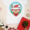 white tshirt with a Reindeer wearing a santa hat