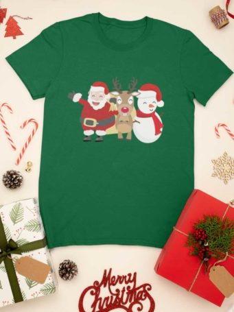 green tshirt with Santa, Reindeer and Snowman