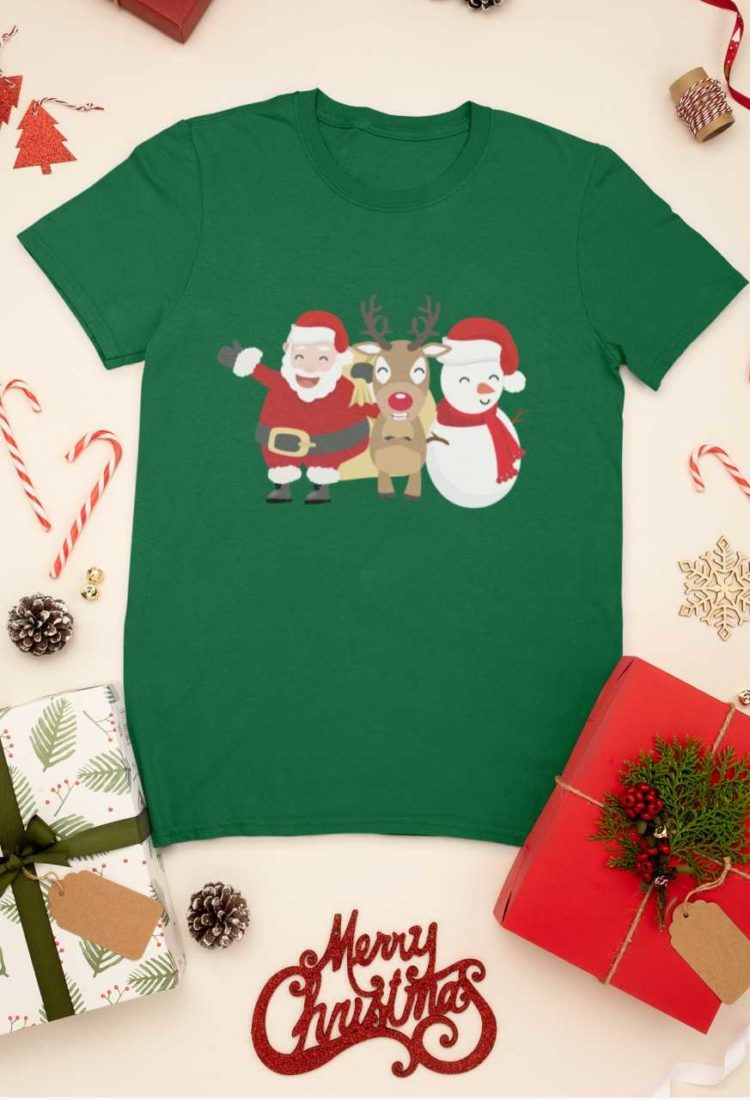 green tshirt with Santa, Reindeer and Snowman