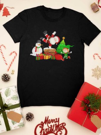 black tshirt with Santa, snowman and elf on chimney