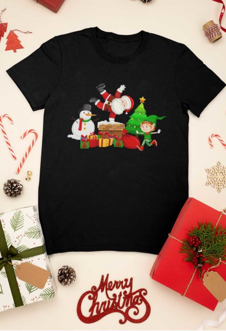 black tshirt with Santa, snowman and elf on chimney