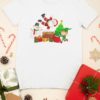 white tshirt with Santa, snowman and elf on chimney