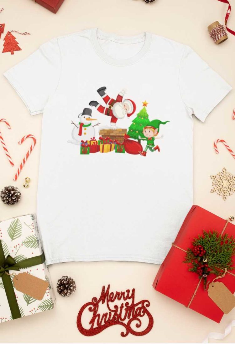 white tshirt with Santa, snowman and elf on chimney