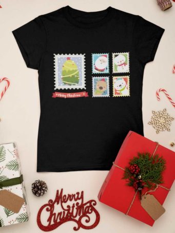 black tshirt with Santa , reindeer, snowman on postage stamps