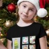 cute girl in a black tshirt with Santa , reindeer, snowman on postage stamps