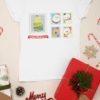 white tshirt with Santa , reindeer, snowman on postage stamps