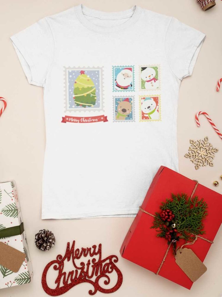 white tshirt with Santa , reindeer, snowman on postage stamps