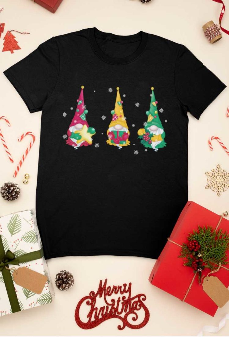 black tshirt with Three funny gnomes with gifts