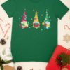 green tshirt with Three funny gnomes with gifts