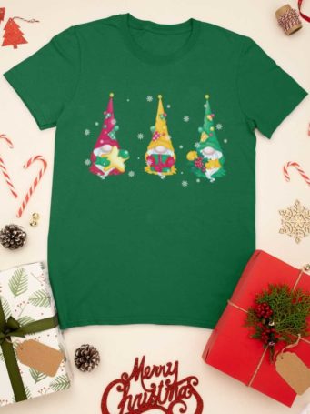 green tshirt with Three funny gnomes with gifts