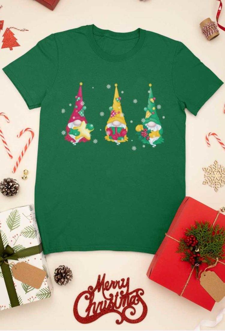 green tshirt with Three funny gnomes with gifts