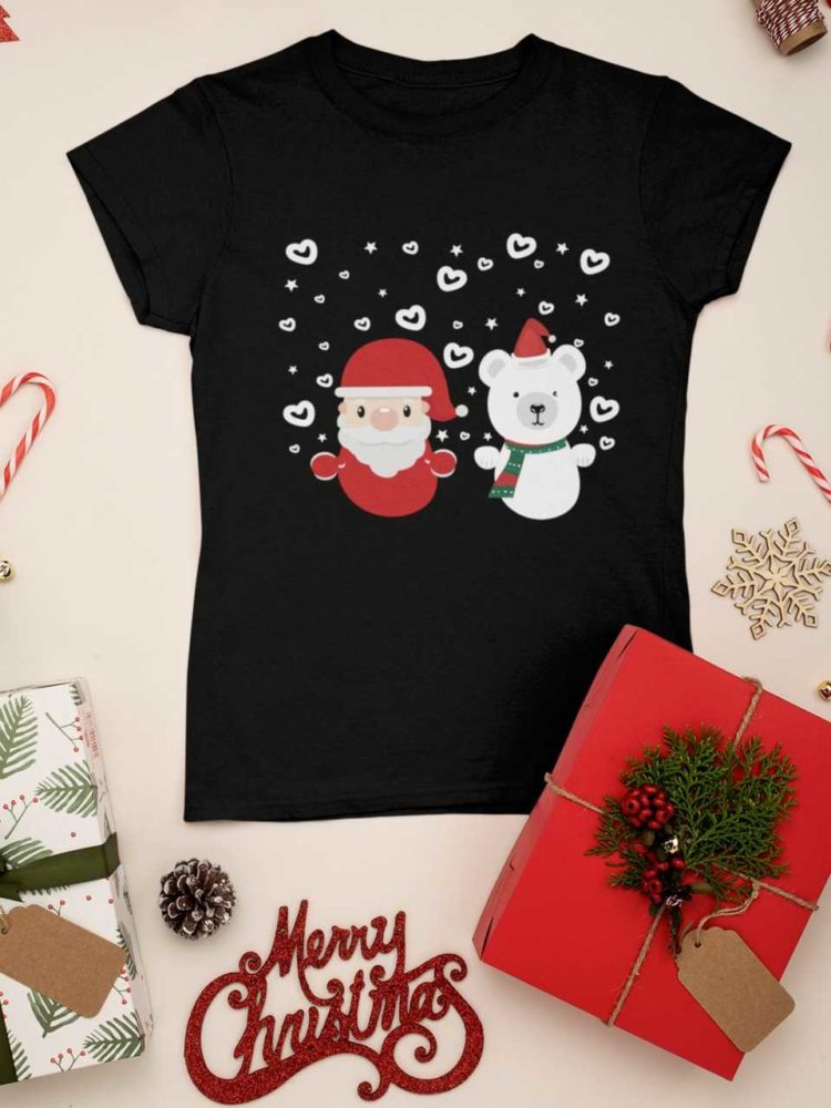 black tshirt with Santa and a Bear