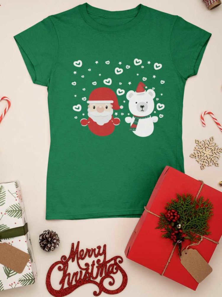 green tshirt with Santa and a Bear