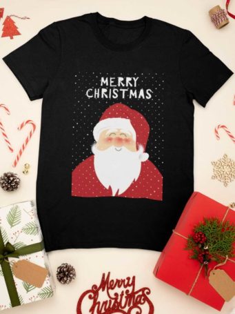 black tshirt with Santa and a Merry Christmas background