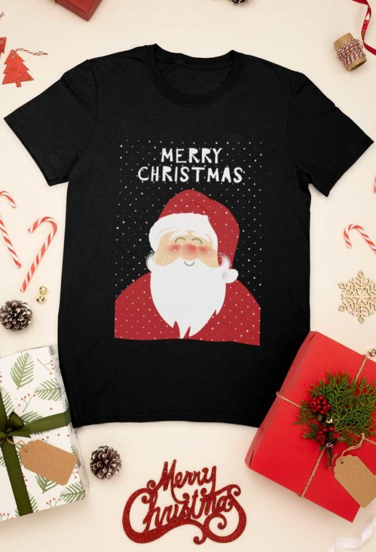 black tshirt with Santa and a Merry Christmas background