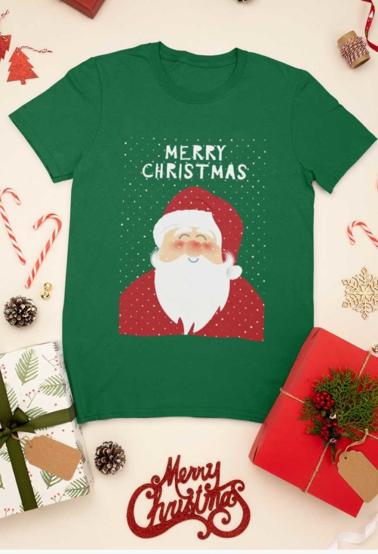 green tshirt with Santa and a Merry Christmas background