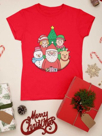 red tshirt with Santa and friends around the tree