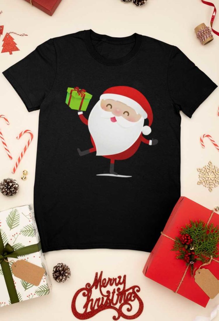 black tshirt with Santa holding a gift