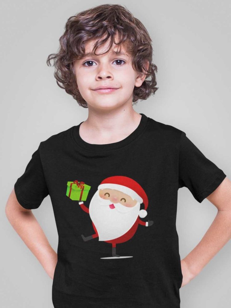 cool boy in a black tshirt with Santa holding a gift