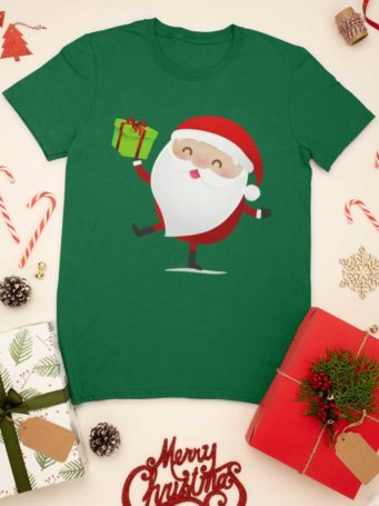 green tshirt with Santa holding a gift