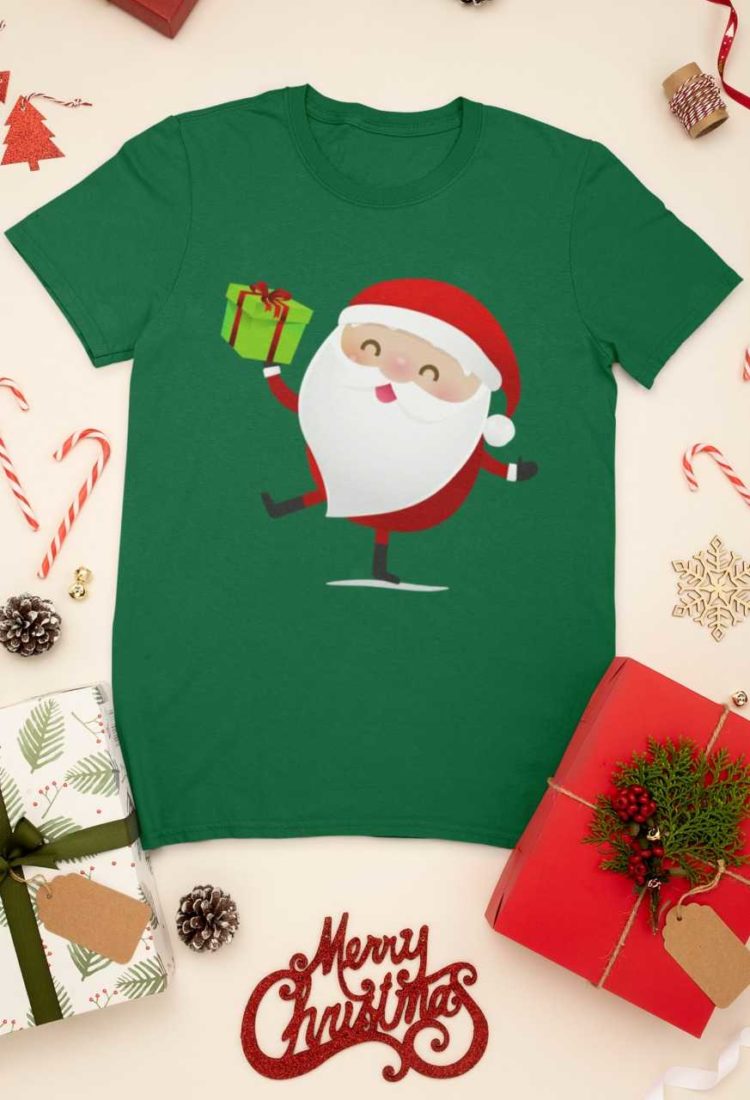 green tshirt with Santa holding a gift